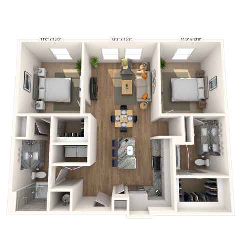 Floor plan for 2 beds, 2 baths, 1112 sqft